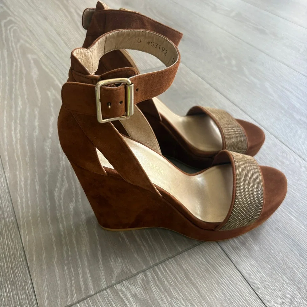 Stuart Weitzman Brown Suede Metallic Bead Wedge Sandals W03192 Womens 10 M